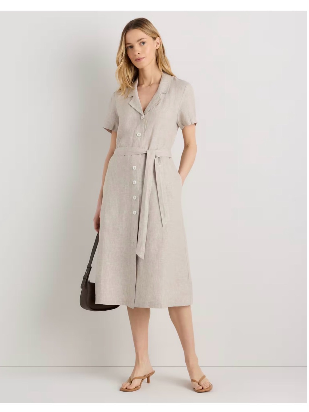 Quince Light Beige Short-Sleeve Button Midi Linen Dress with Self-Tie Waist